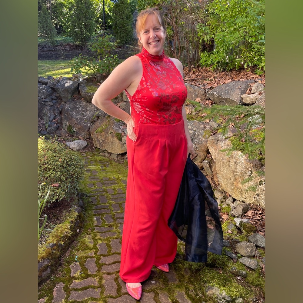 Coral Red High-Neck Sleeveless Jumpsuit